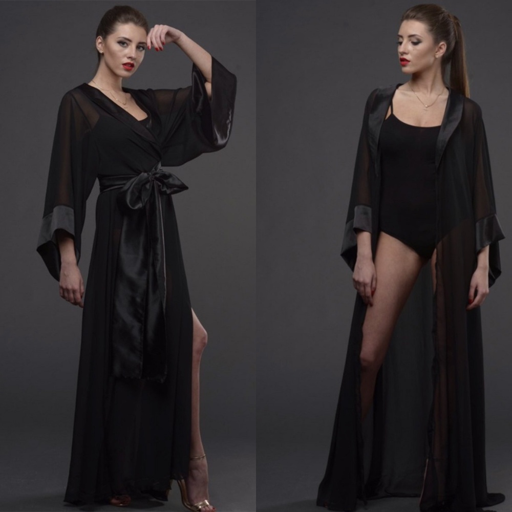 Sheer Black Full-Length Satin Trim Robe. S NWOT